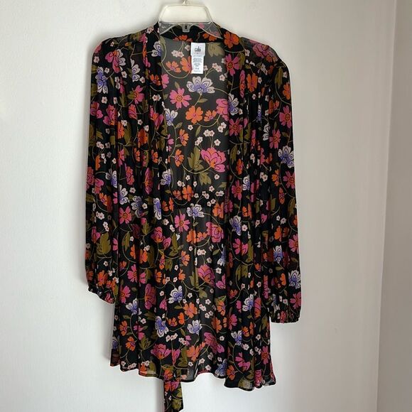 CAbi Women Mingle Kimono Duster Coverup Mesh Floral Tie Belt Black U0026 small! - Picture 2 of 11